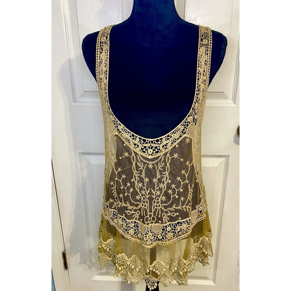 Sacred Threads ML Crochet Lace Top Tank Sheer Tan Festival Open Knit Ruffles